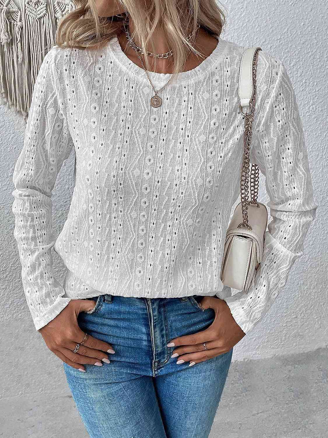 Eyelet Round Neck Long Sleeve Top - Flyclothing LLC