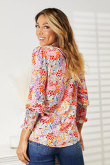 Double Take Floral Print Long Puff Sleeve Blouse