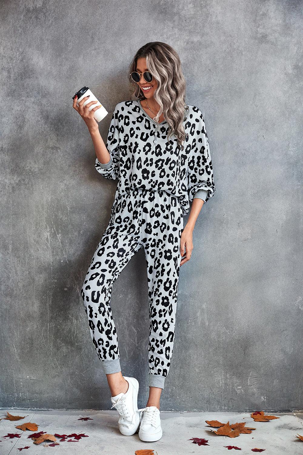 Leopard V-Neck Dropped Shoulder Loungewear Set - Trendsi