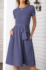 Belted Tee Dress With Pockets - Trendsi