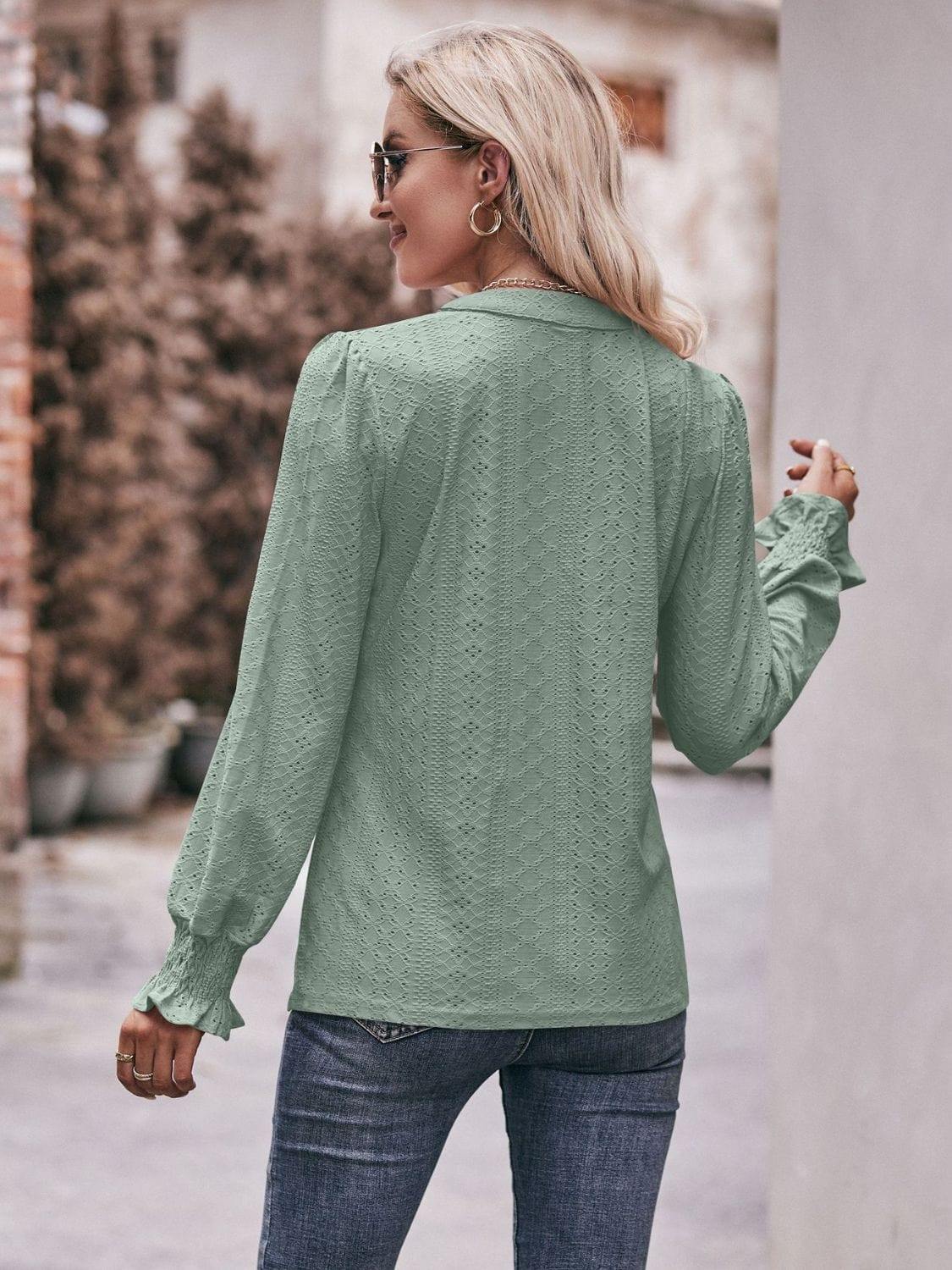 Eyelet Notched Neck Flounce Sleeve Blouse - Trendsi