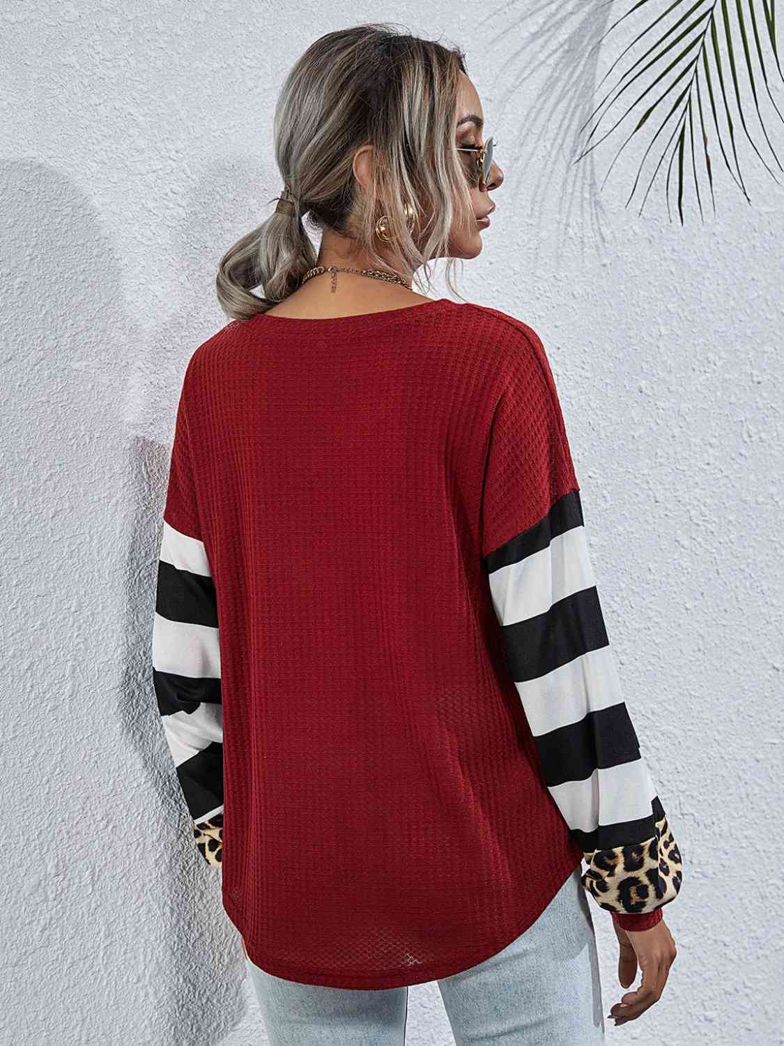 Leopard Striped Waffle-Knit Top - Trendsi