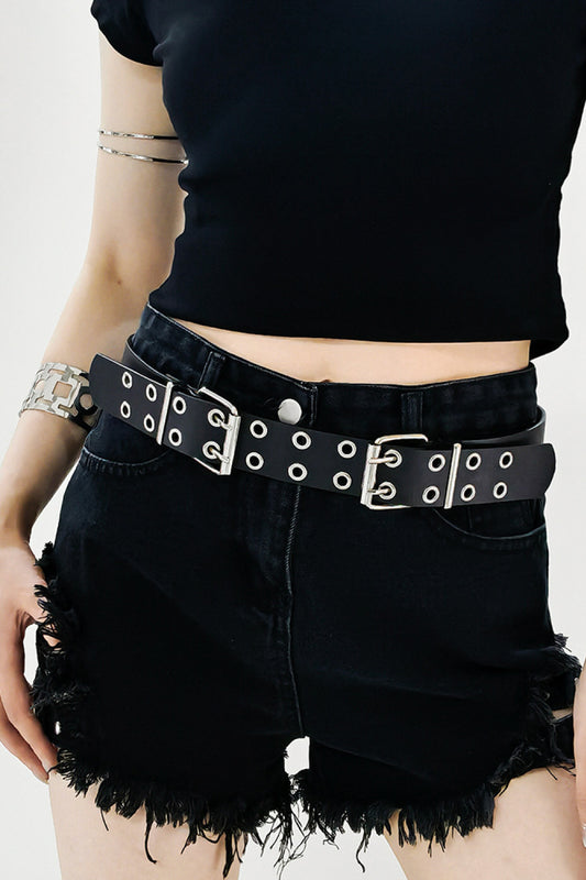 PU Leather Two Row Eyelet Belt - Trendsi