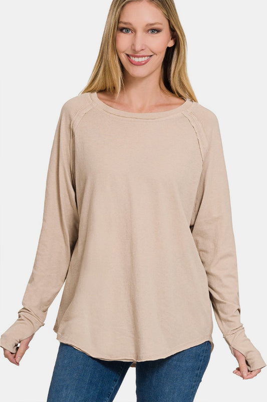 Zenana Round Neck Thumbhole Long Sleeve Top - Flyclothing LLC