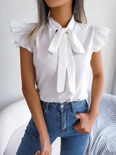 Tie  Neck Cap Sleeve Blouse - Flyclothing LLC