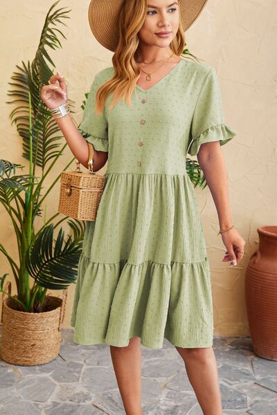 Swiss Dot Ruffled V-Neck Tiered Dress - Flyclothing LLC