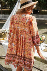 Bohemian Tie Neck Balloon Sleeve Dress - Flyclothing LLC