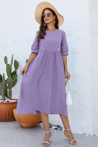 Decorative Button Round Neck Half Sleeve Dress - Flyclothing LLC