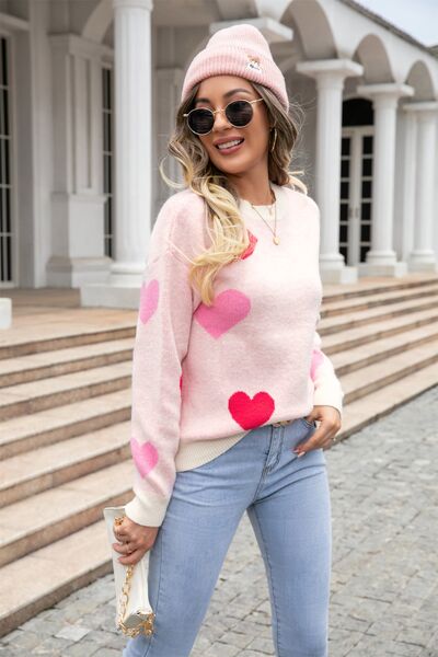 Heart Round Neck Droppped Shoulder Sweater - Flyclothing LLC