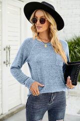 Heathered Slit Long Raglan Sleeve Top - Trendsi