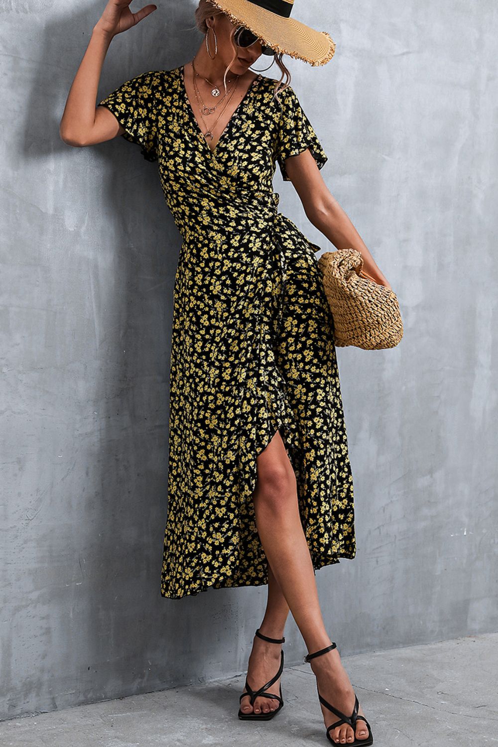 Floral Surplice Neck Tied Midi Dress - Flyclothing LLC