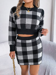 Plaid Round Neck Top and Skirt Sweater Set - Flyclothing LLC