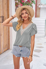 Contrast V-Neck Petal Sleeve Top - Flyclothing LLC