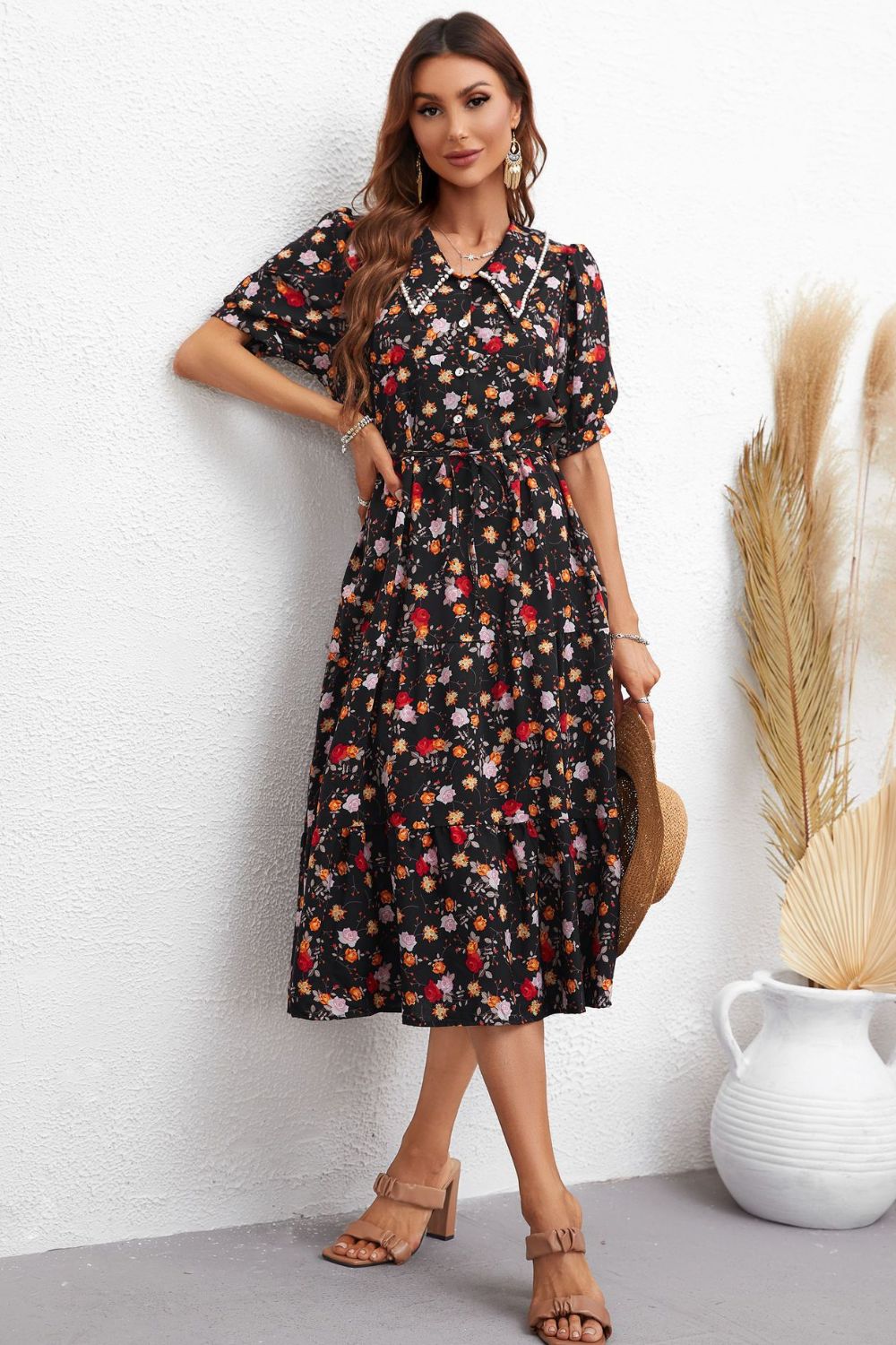 Floral Collared Neck Puff Sleeve Dress - Flyclothing LLC