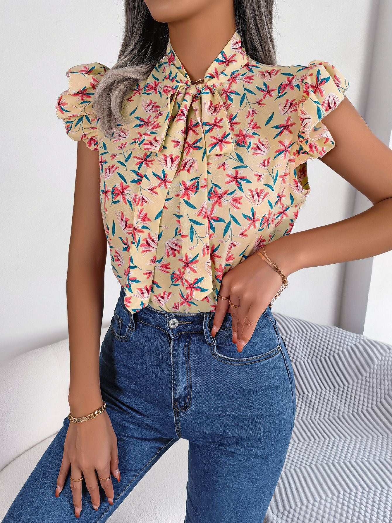 Floral Tie Neck Flutter Sleeve Blouse - Flyclothing LLC