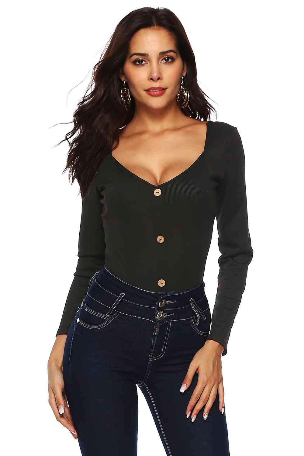 Button Detail Bodysuit - Trendsi