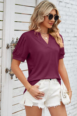 Notched Ruched Short Sleeve T-Shirt - Flyclothing LLC