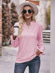 Eyelet Notched Neck Flounce Sleeve Blouse - Trendsi