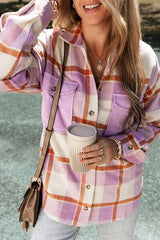 Plaid Button Up Collared Neck Long Sleeve Jacket - Flyclothing LLC