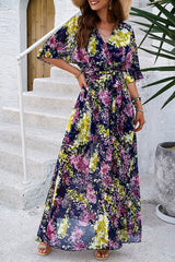 Printed Tied Half Sleeve Slit Dress - Flyclothing LLC