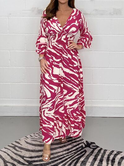 Smocked Printed Flounce Sleeve Maxi Dress - Flyclothing LLC