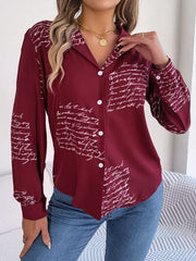 Letter Printed Button Up Long Sleeve Blouse - Flyclothing LLC