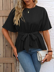 Tied Round Neck Half Sleeve Blouse - Flyclothing LLC