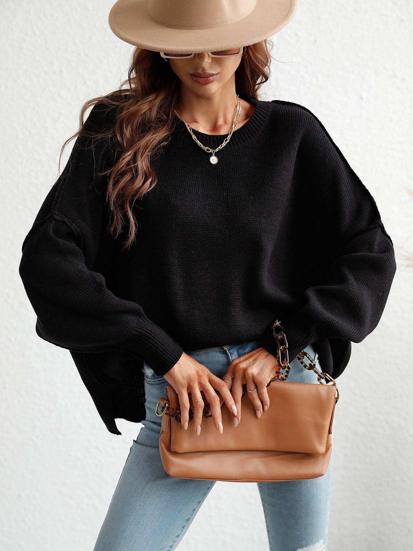 Exposed Seam Dropped Shoulder Slit Sweater - Trendsi