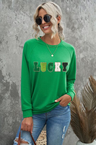 LUCKY Round Neck Raglan Sleeve Sweatshirt - Flyclothing LLC