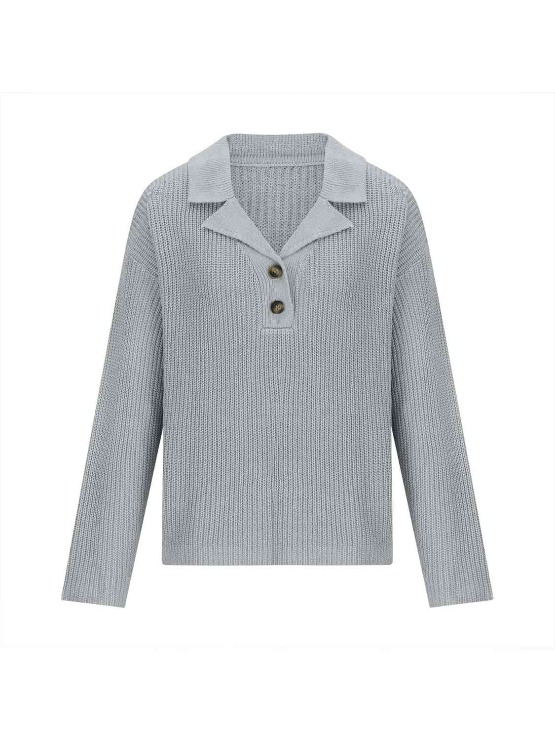 Collared Neck Half Button Knit Top - Trendsi