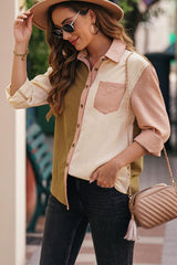 Grid Color Block Button-Up Shirt - Trendsi