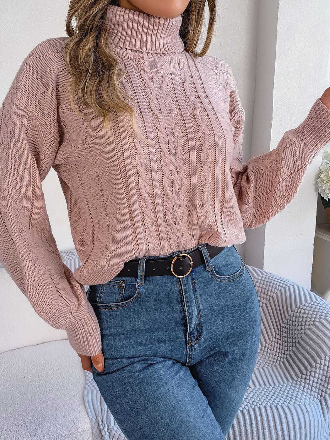 Cable-Knit Turtleneck Sweater - Flyclothing LLC