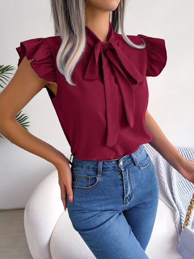 Tie  Neck Cap Sleeve Blouse - Flyclothing LLC