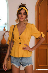 Buttoned V-Neck Short Sleeve Blouse - Flyclothing LLC