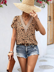 Animal Print V-Neck Petal Sleeve Blouse - Flyclothing LLC