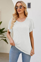 Smocked Round Neck Flutter Sleeve T-Shirt - Flyclothing LLC