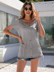 Decorative Button Round Neck Cold Shoulder T-Shirt - Flyclothing LLC