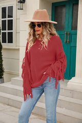 Fringe Round Neck Dropped Shoulder Sweater - Flyclothing LLC