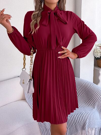 Tie Neck Balloon Sleeve Pleated Dress - Flyclothing LLC