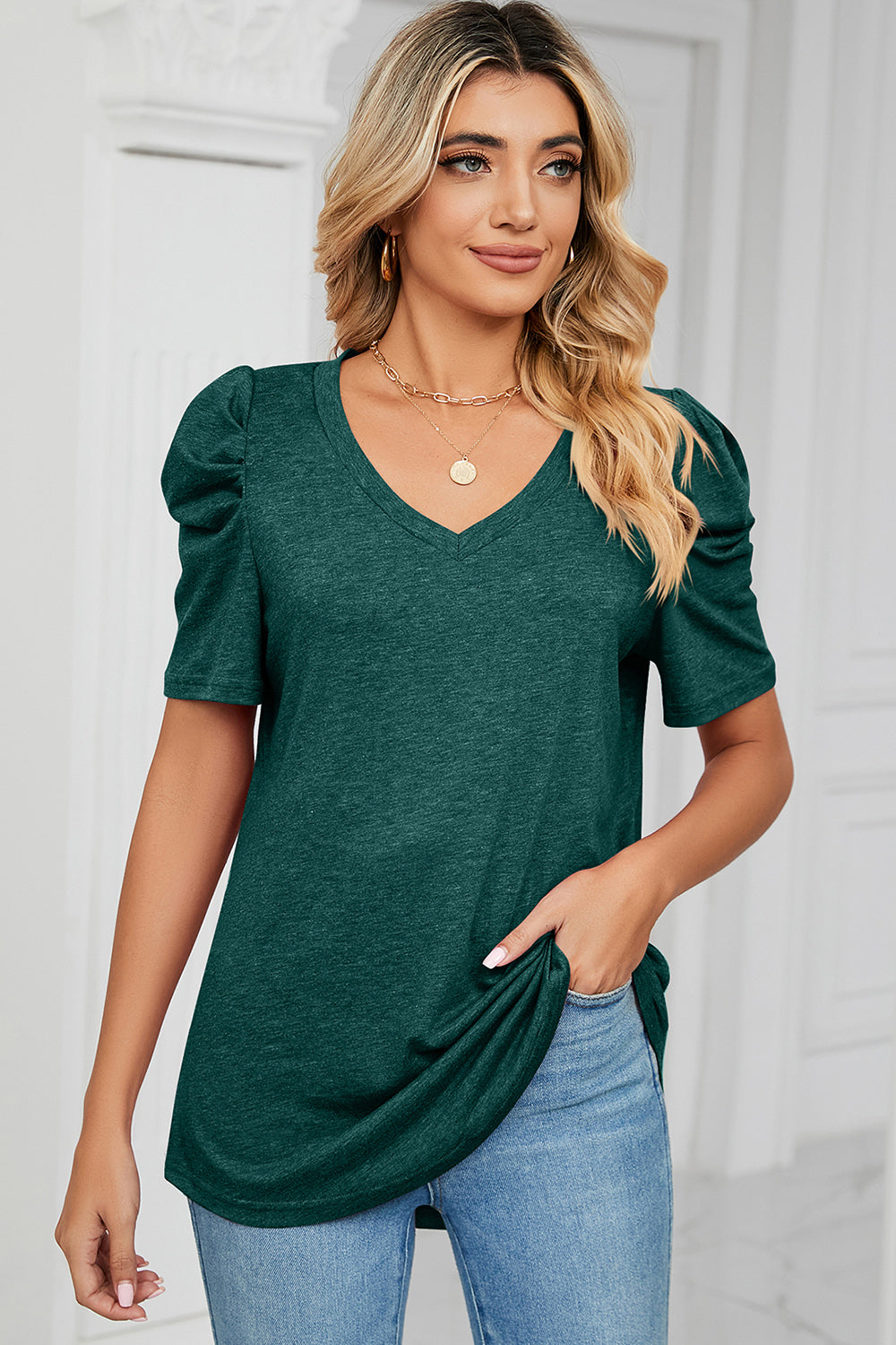 Heathered V-Neck Puff Sleeve T-Shirt - Trendsi