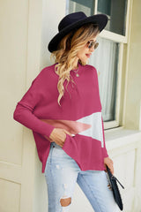 Color Block Round Neck Side Slit Sweater - Trendsi