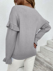 Ruffled V-Neck Dropped Shoulder Sweater - Flyclothing LLC