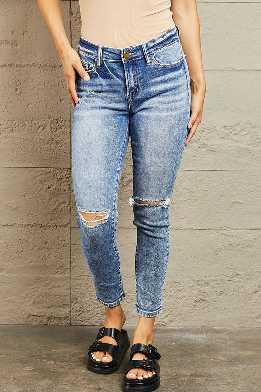 BAYEAS Mid Rise Distressed Skinny Jeans - Trendsi