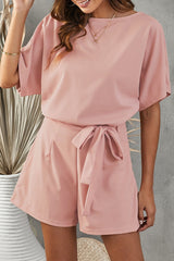 Tie Belt Short Sleeve Romper - Flyclothing LLC