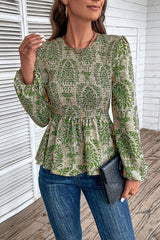 Smocked Printed Balloon Sleeve Blouse - Flyclothing LLC