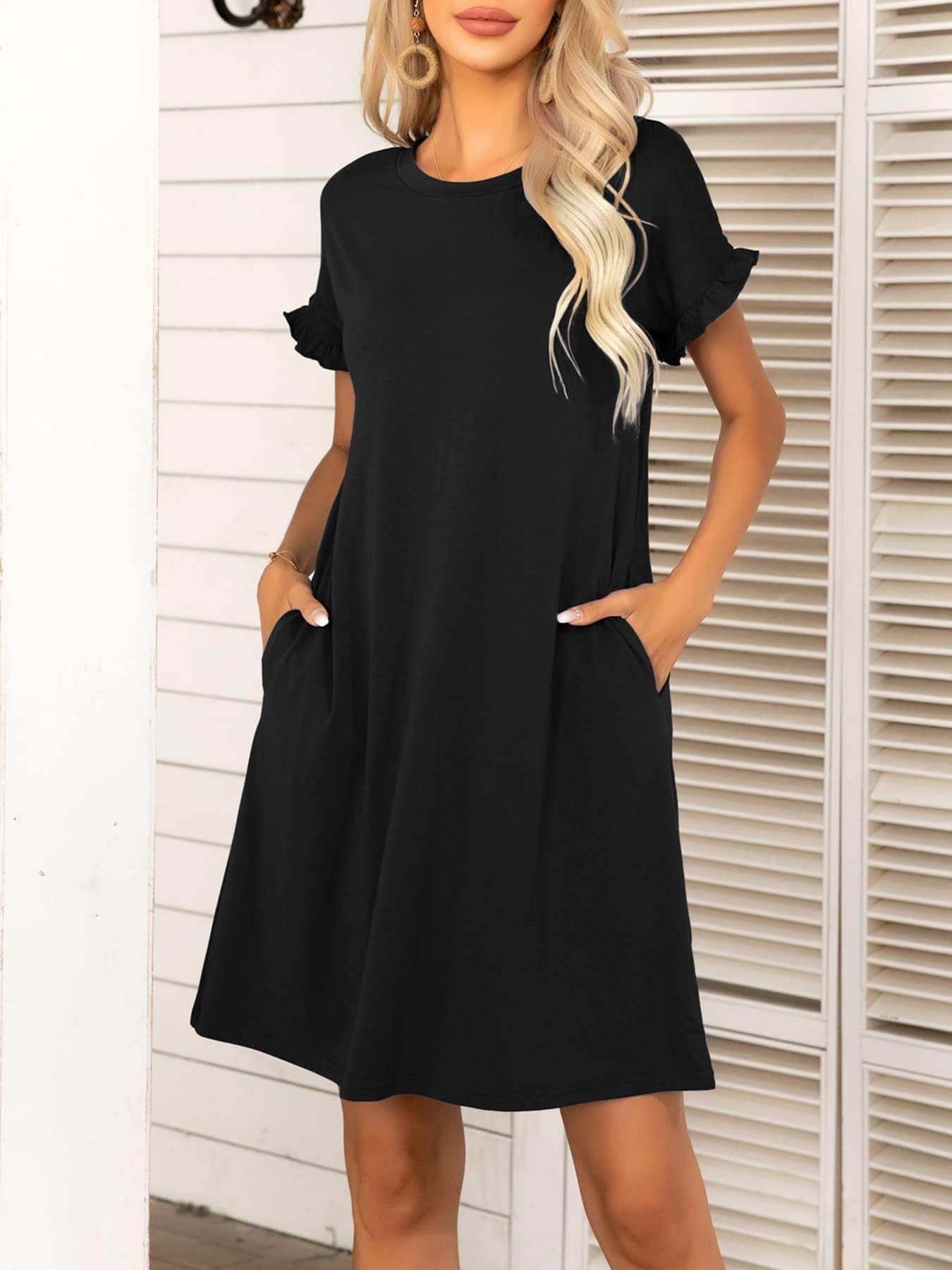 Round Neck Flounce Sleeve Dress with Pockets - Flyclothing LLC