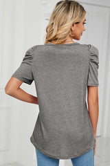 Heathered V-Neck Puff Sleeve T-Shirt - Trendsi