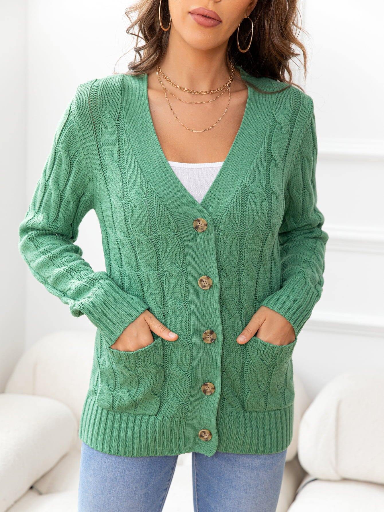 Button Down Cable-Knit Cardigan - Trendsi