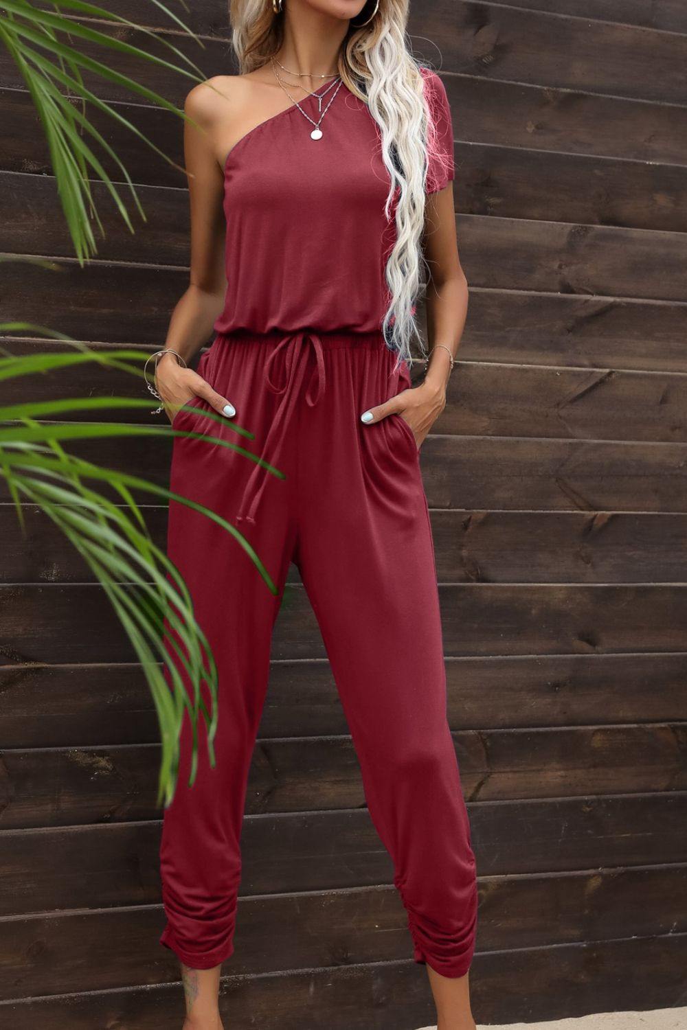 Drawstring Waist One-Shoulder Jumpsuit with Pockets - Flyclothing LLC