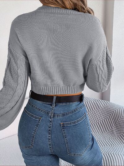 Cable-Knit Round Neck Cropped Sweater - Flyclothing LLC